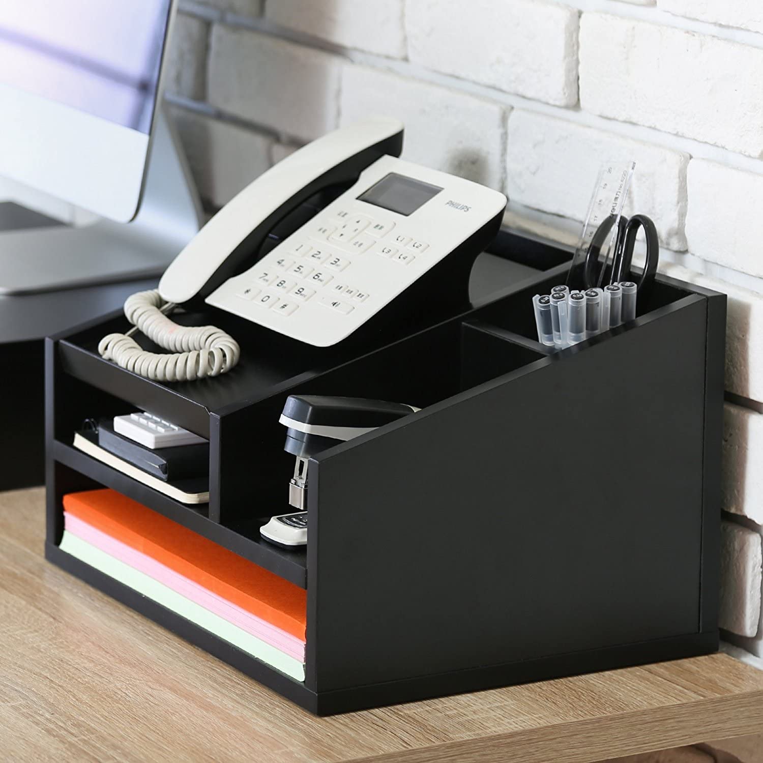 FITUEYES Wood Office Suppies Desk Organizer 5 Compartments with Letter Tray Phone Stand Pen Pencil Holder FITUEYES Wood Office Suppies Desk Organizer 5 Compartments with Letter Tray Phone Stand Pen Pencil Holder